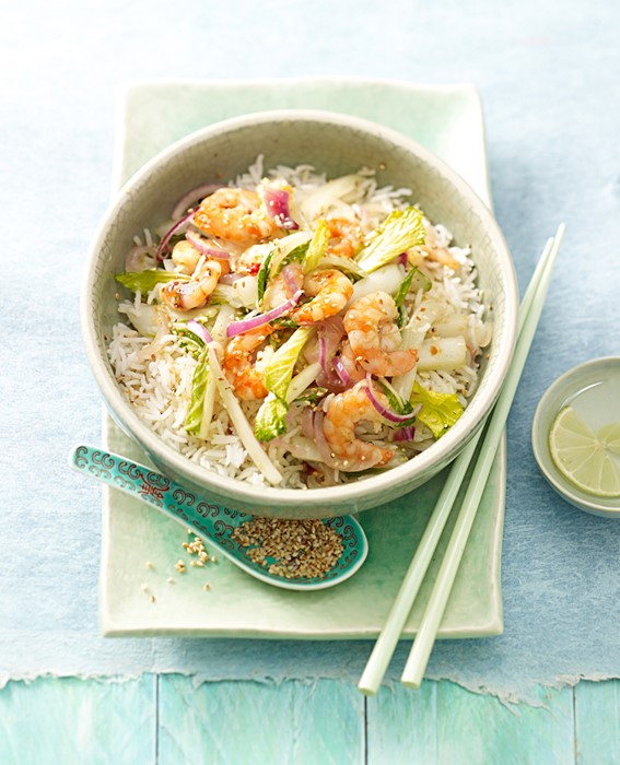 Food fotografie rijst bowl met garnalen